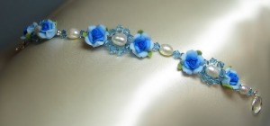 Blue rose with pearls and crystals bracelet